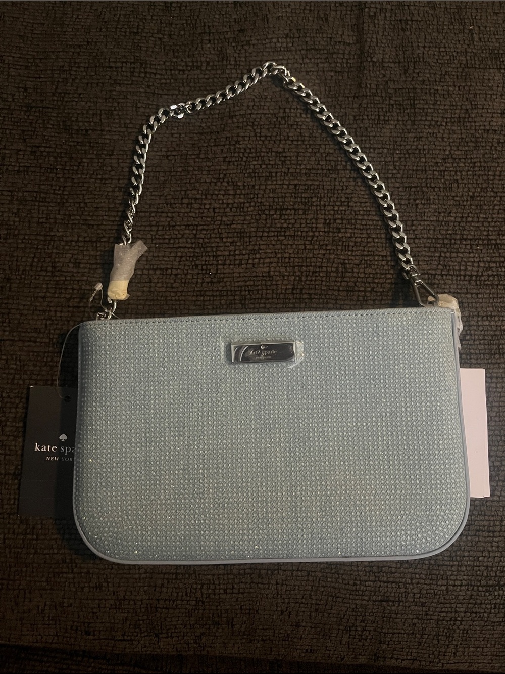 NWT Kate spade pouchette Light denim Blue Chain studs sequins chain Shoulder Bag